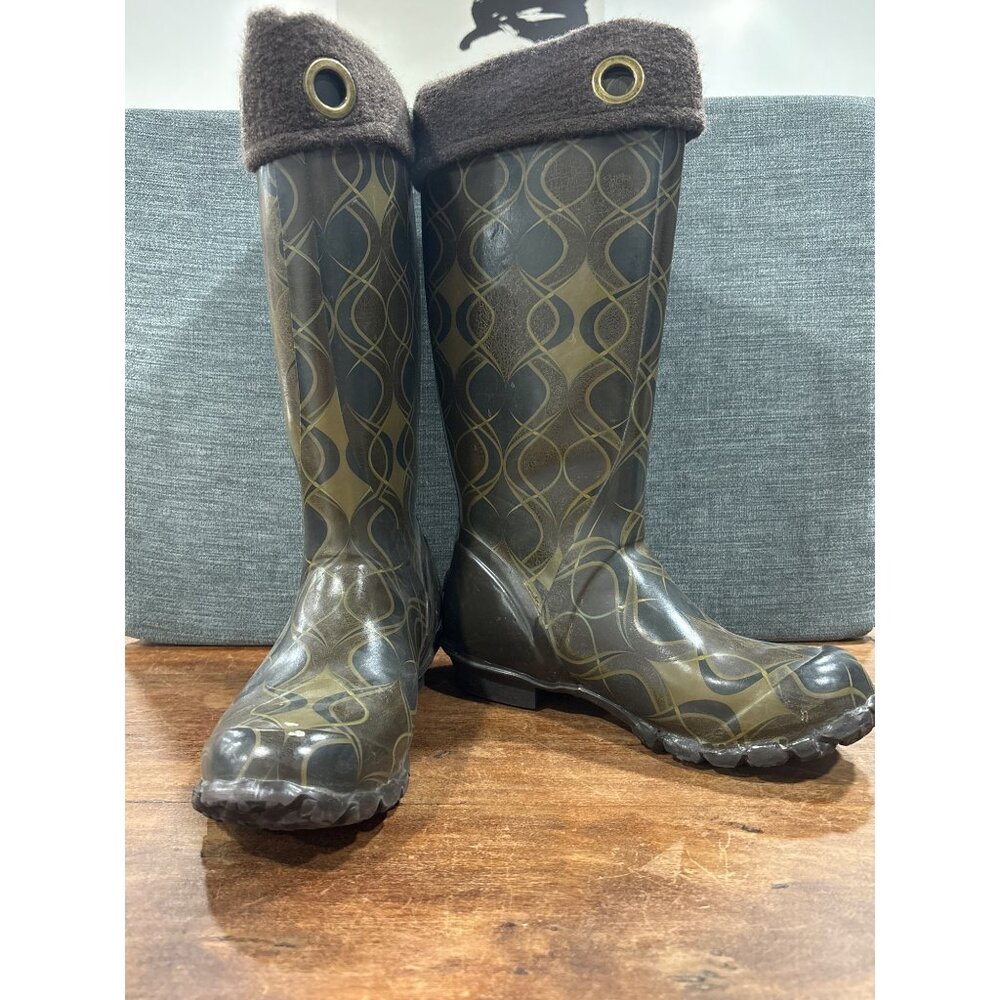 Bogs Womens Waterproof Printed Rain Boots Size 7 Green/Brown With Pattern